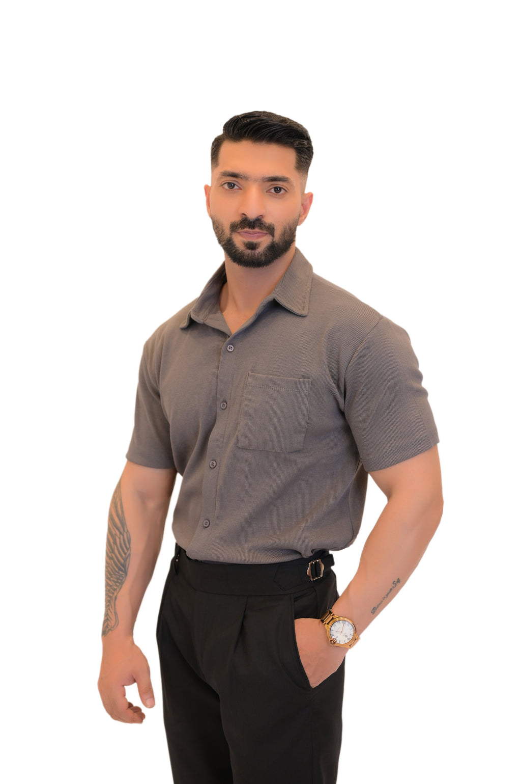 Ribbed Button-Down Shirt – Steel Grey