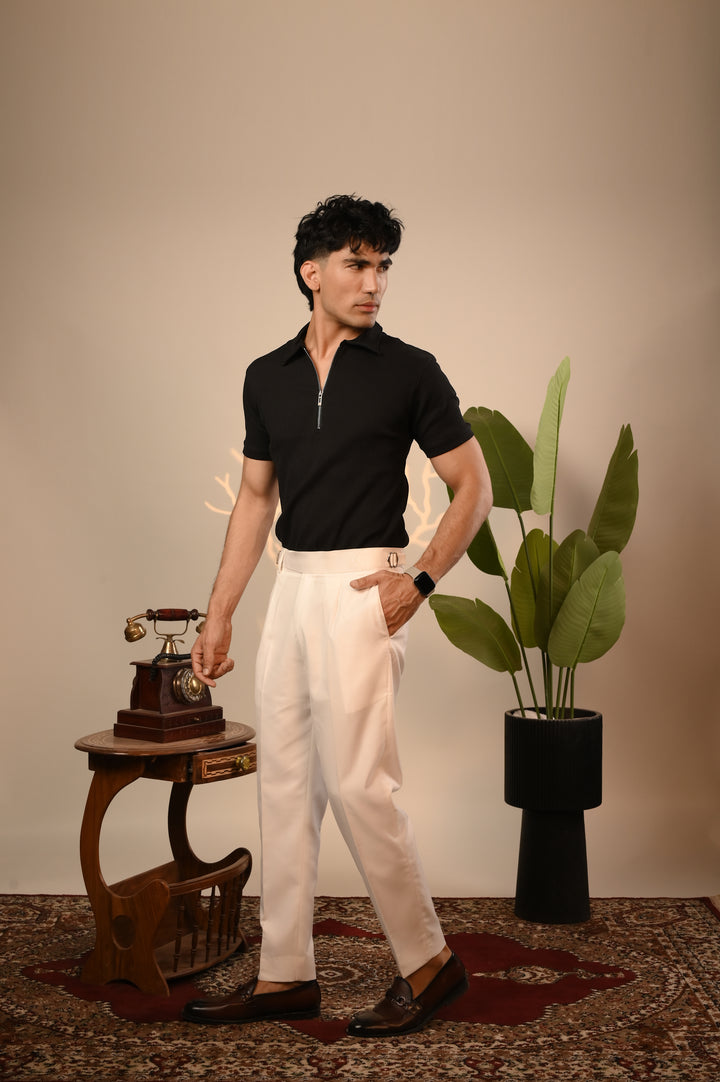 Black Ribbed Knit Zipper Polo