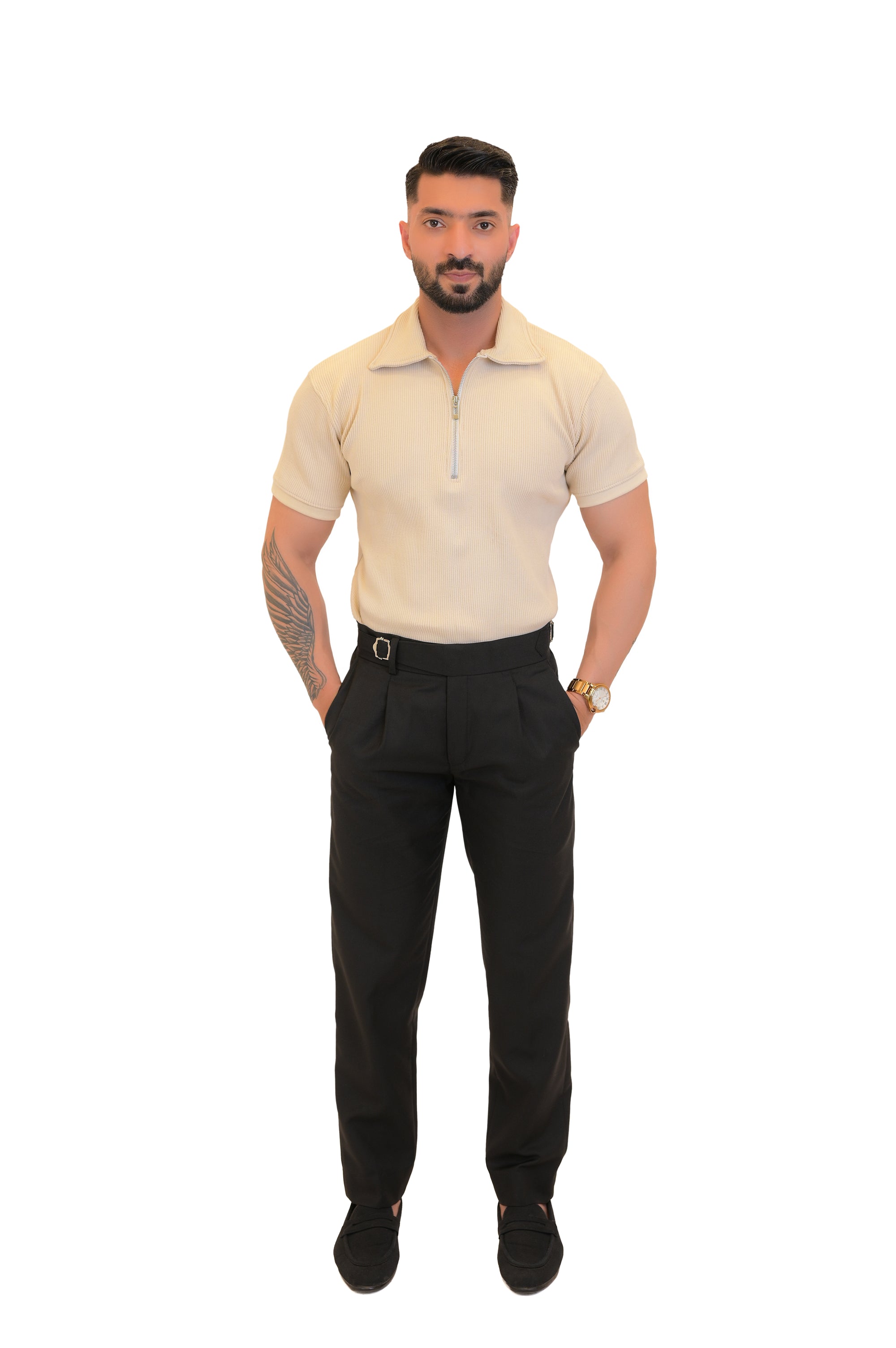 Ribbed Knitted Beige Zipper Polo