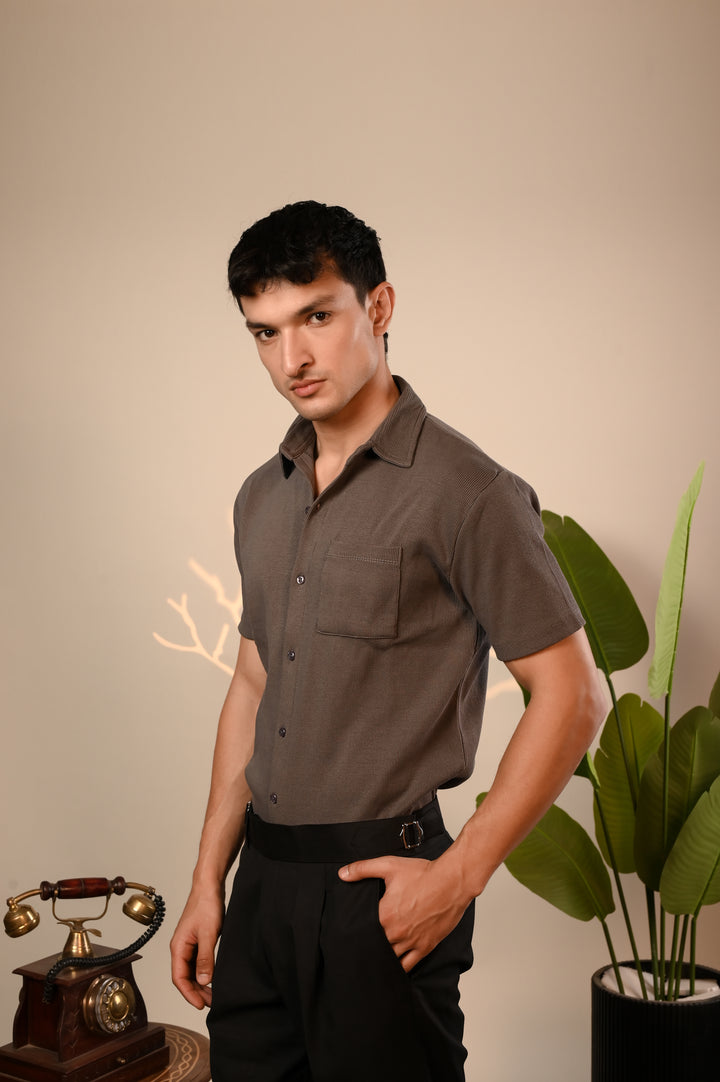 Grey Ribbed Button Down Shirt