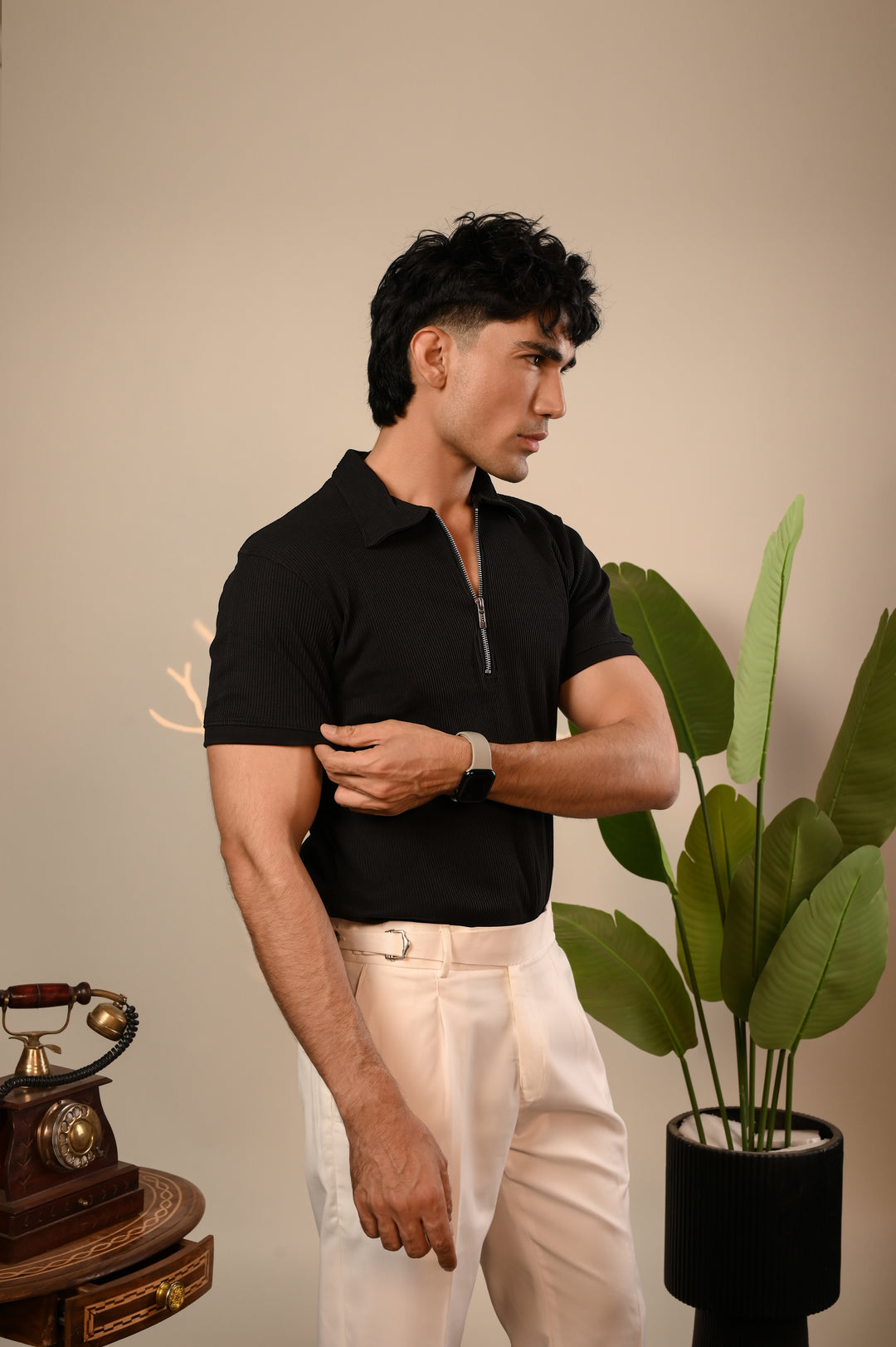 Black Ribbed Knit Zipper Polo