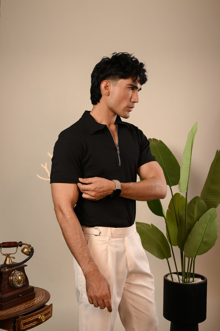 Black Ribbed Knit Zipper Polo