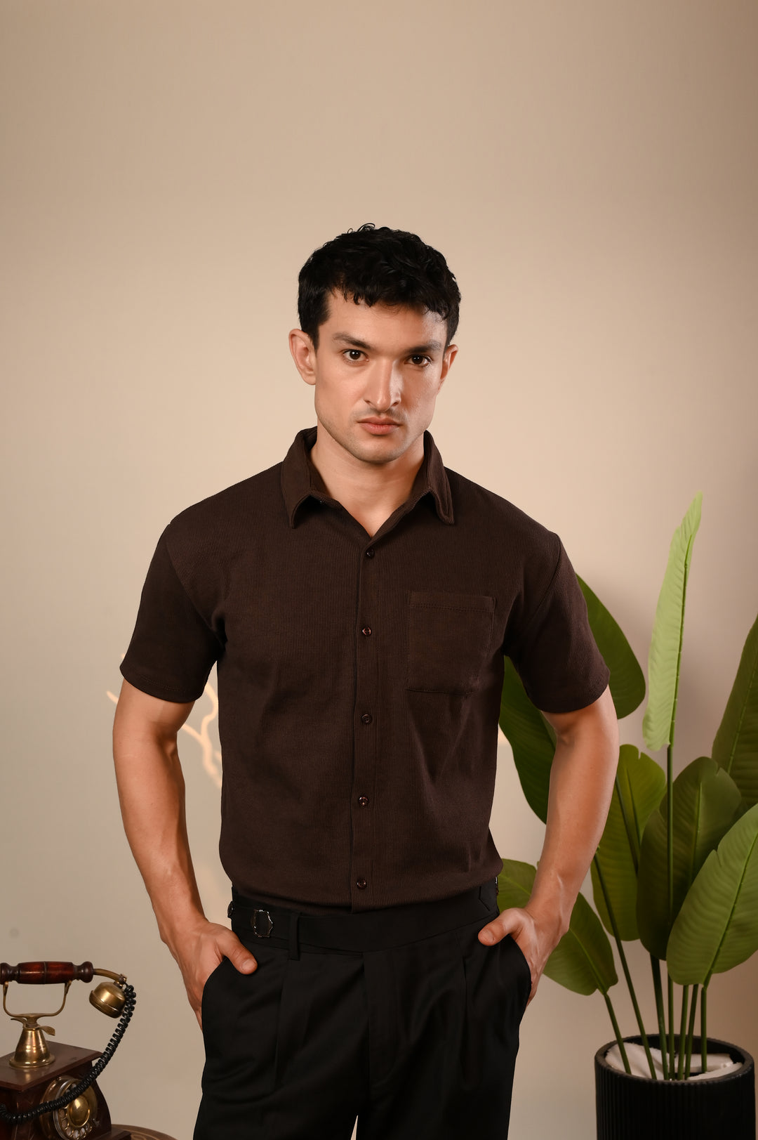 Brown Ribbed Button Down Shirt