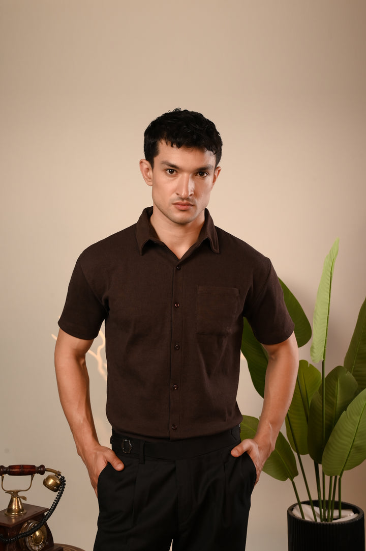 Brown Ribbed Button Down Shirt