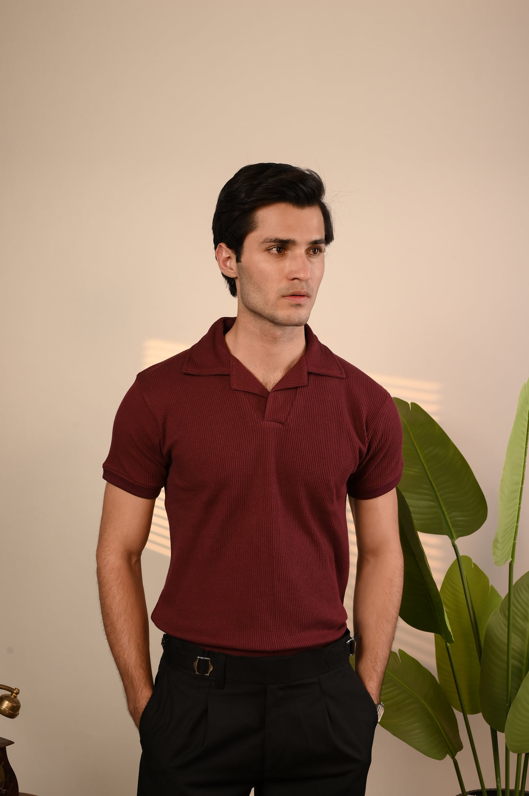 Maroon Waffle Knit Polo