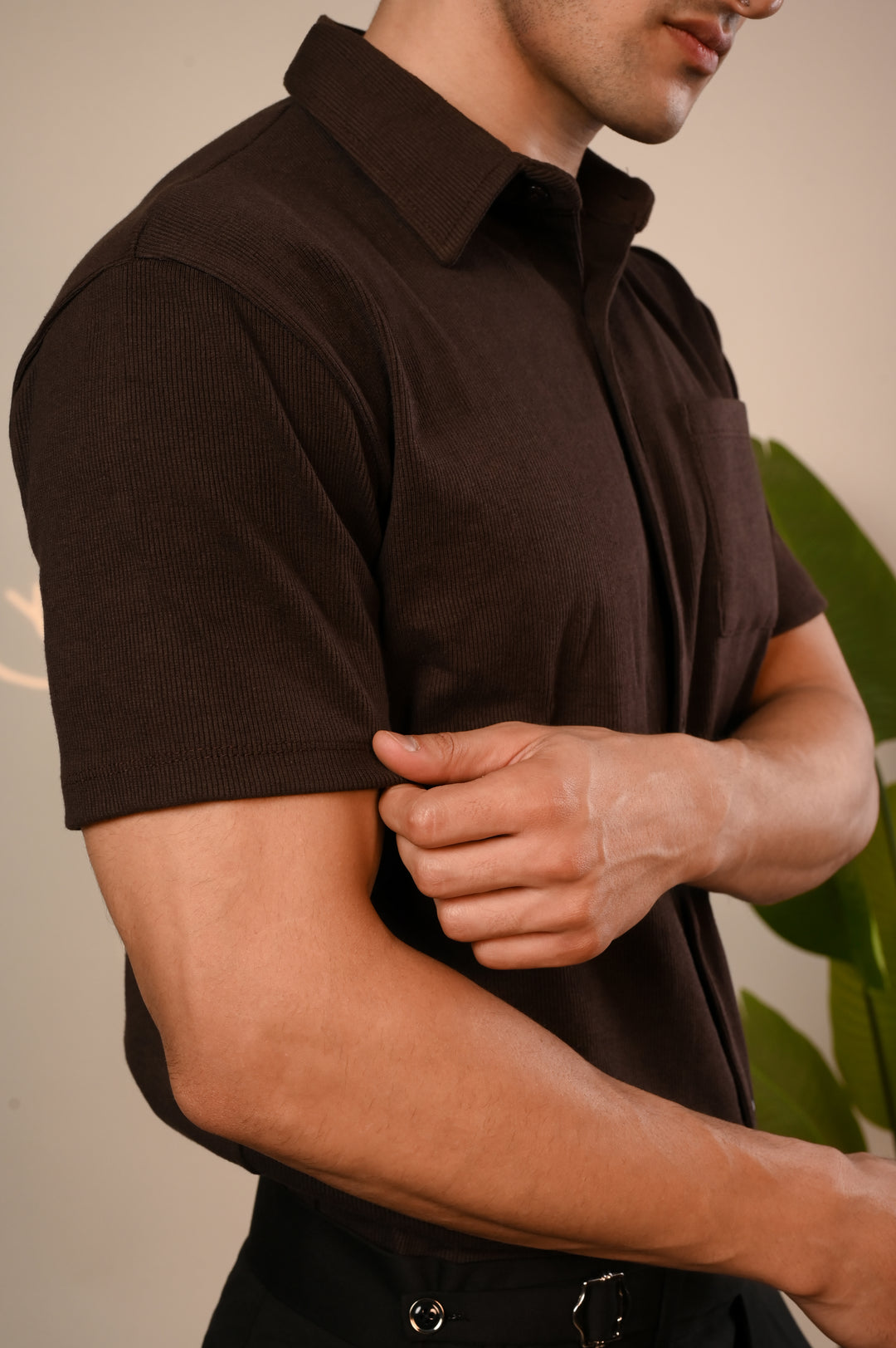 Brown Ribbed Button Down Shirt