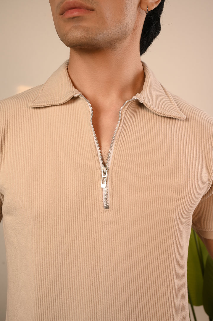 Beige Ribbed Knit Zipper Polo