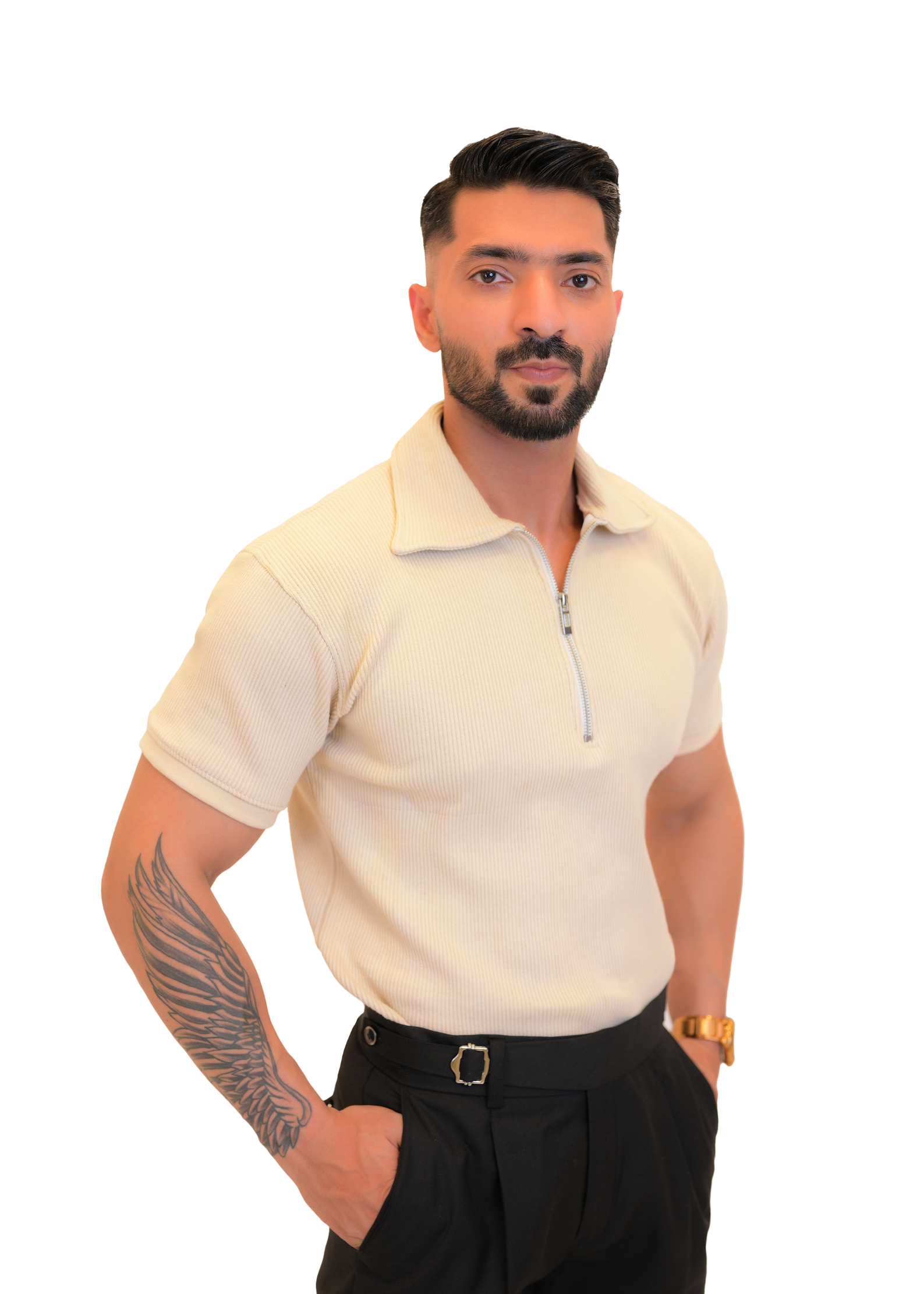 Ribbed Knitted Beige Zipper Polo